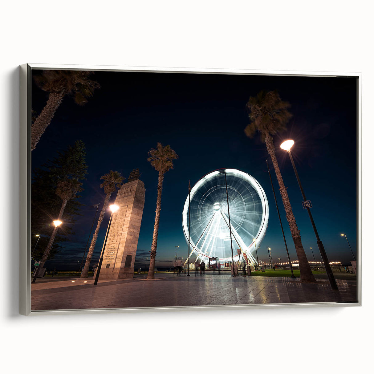 Vintage poster art of Adelaide scenery on a framed canvas, featuring a silver frame, ideal for living room decor.