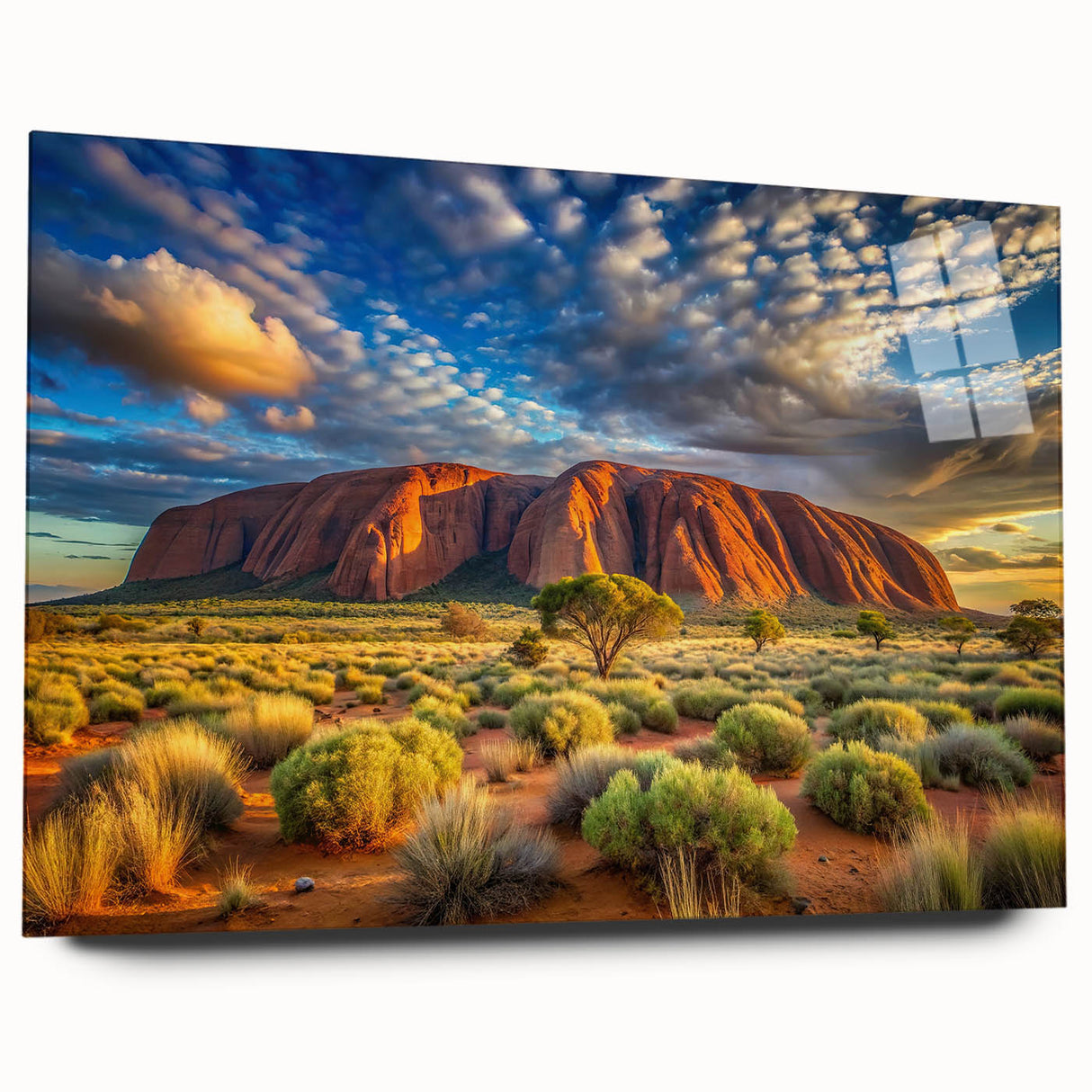 Large acrylic print of Ayers Rock in muted earth tones, ideal for bedroom or dining room art.