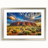 Abstract art print of Ayers Rock in muted orange and brown tones on a framed silver canvas, suitable for dining room decor.
