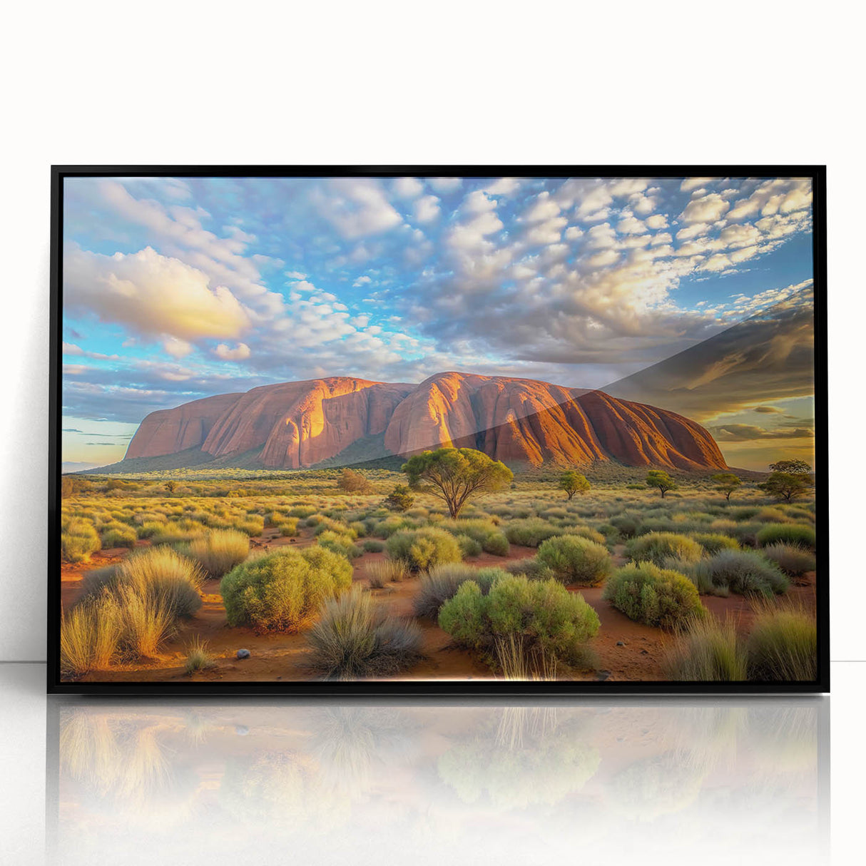 Large abstract wall art depicting Ayers Rock in muted earth tones on a framed acrylic, ideal for modern living room decor.