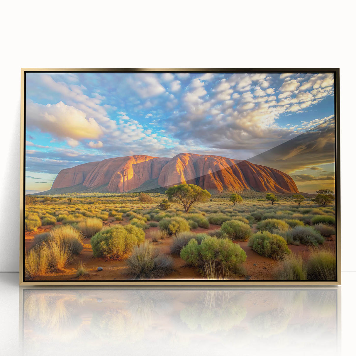 Mid-century modernist art depicting Ayers Rock in muted earth tones on a framed acrylic, suitable for nursery wall decor.