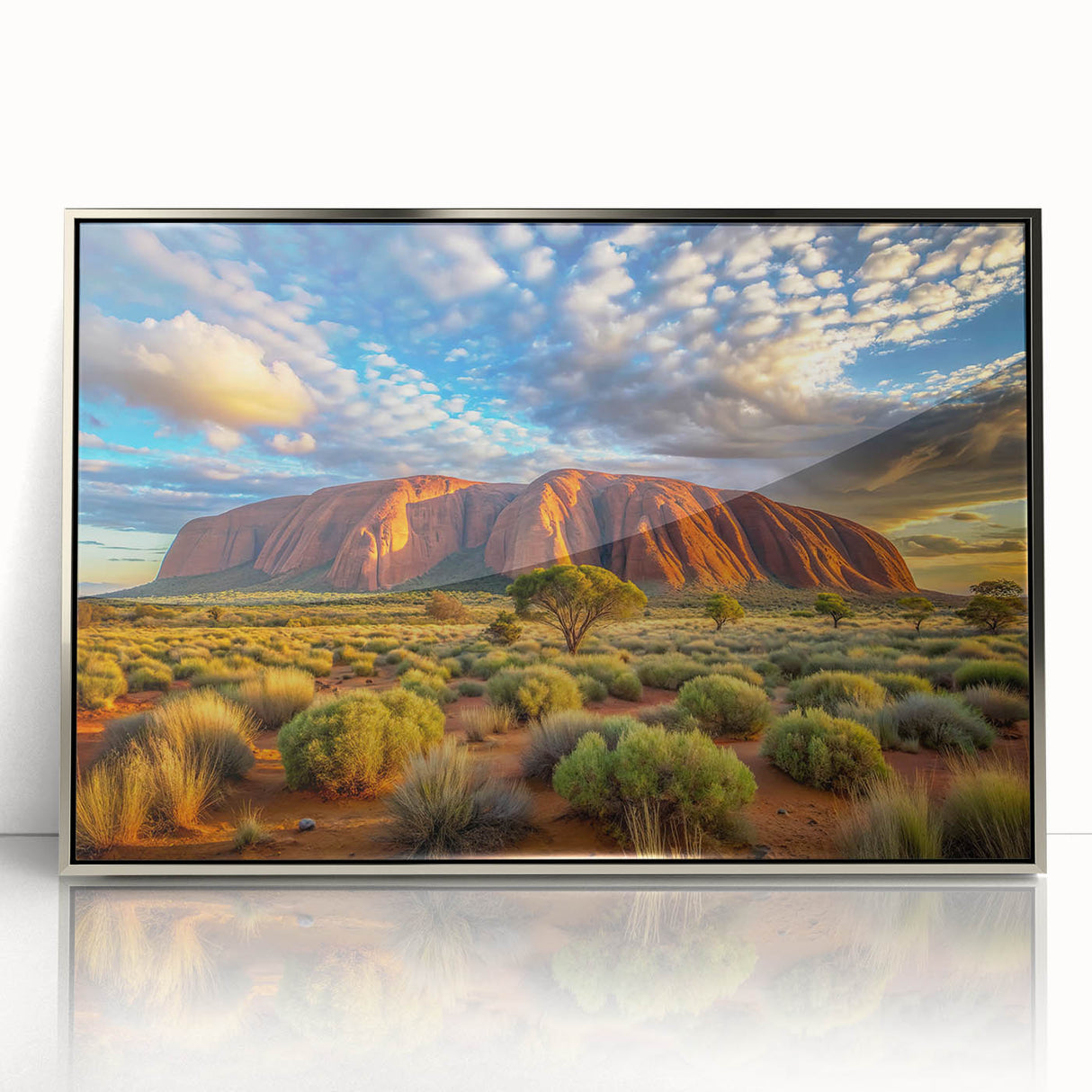 Framed acrylic print of Ayers Rock in muted earth tones, suitable for modern art wall decor.