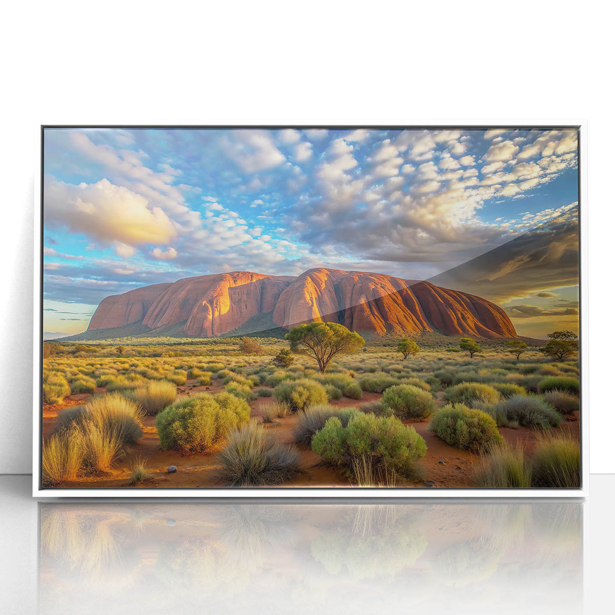 Framed acrylic print of Ayers Rock in muted earth tones, ideal for modern art wall decor.