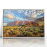 Framed acrylic print of Ayers Rock in muted earth tones, ideal for modern art wall decor.
