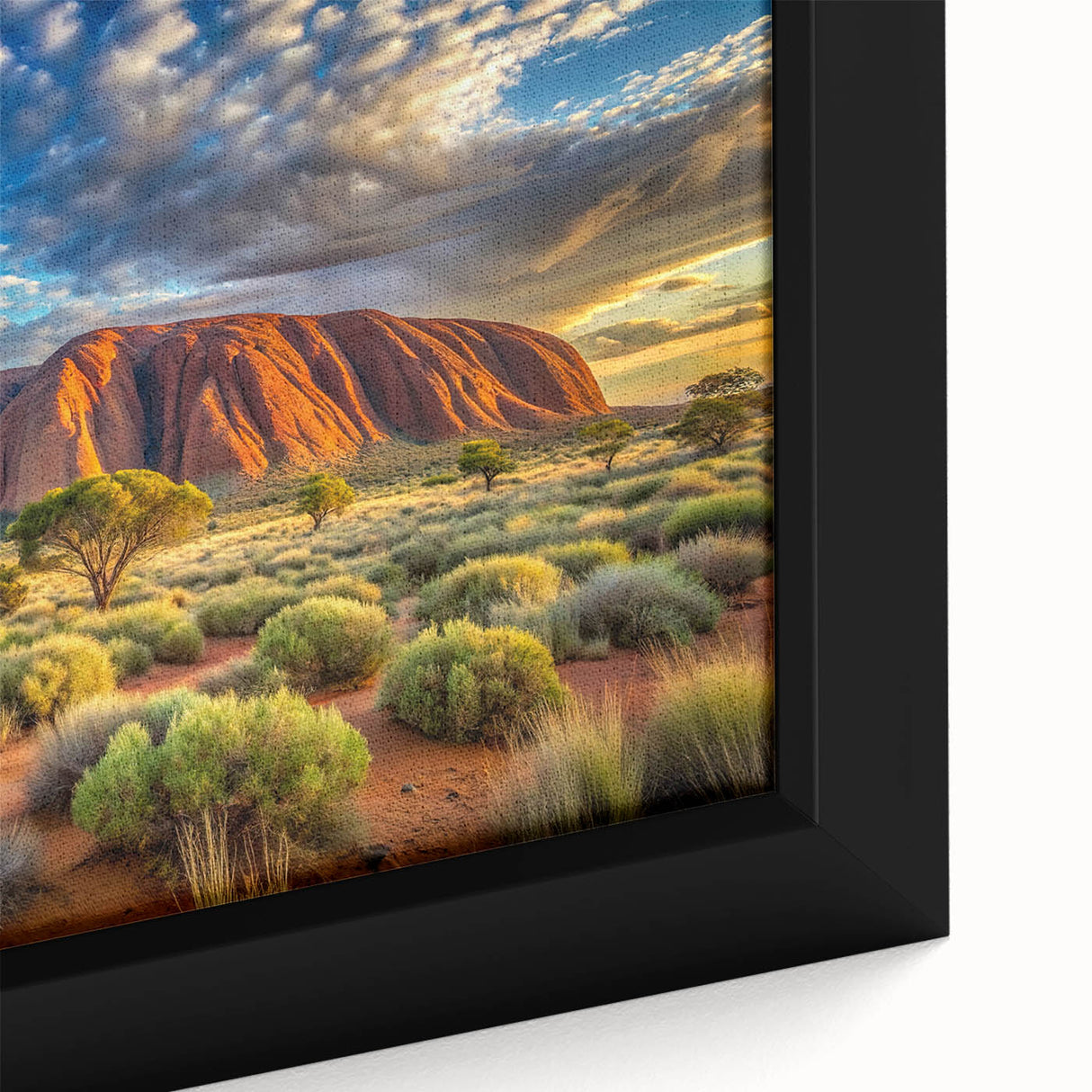 Extra large framed canvas of Ayers Rock in black with textured, colorful art accents, ideal for living room decor.