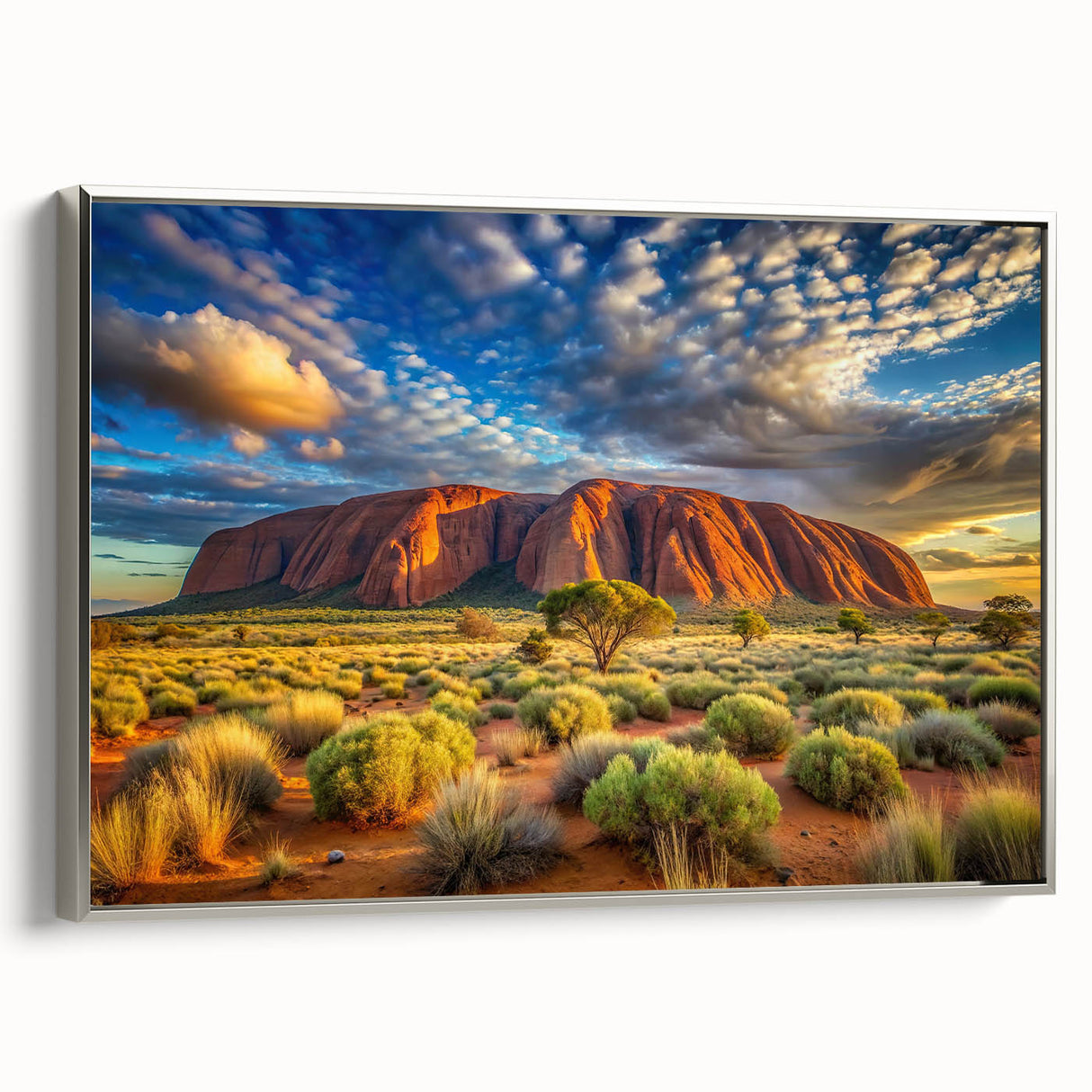 Vintage poster art of Ayers Rock in vibrant orange and red tones, framed canvas, ideal for living room decor.