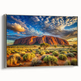 Vintage poster art of Ayers Rock in vibrant orange and red tones, framed canvas, ideal for living room decor.