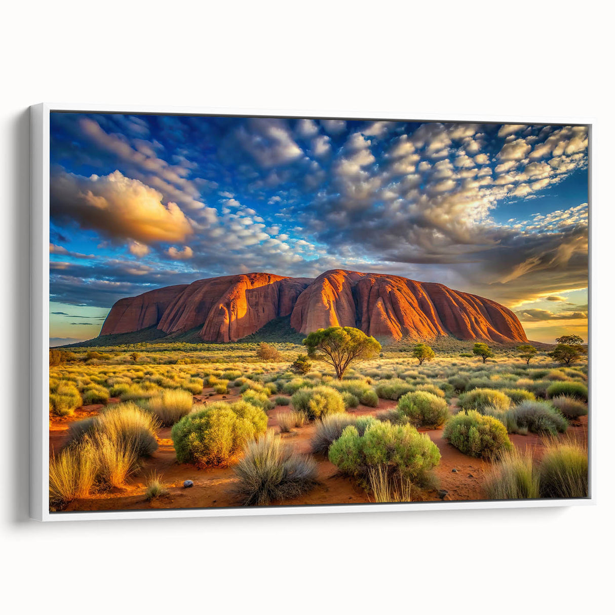Framed canvas featuring a vintage-style landscape painting of Ayers Rock in muted earth tones, ideal for bedroom wall art.