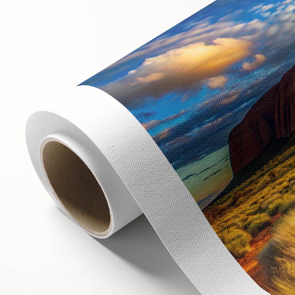 Ayers Rock landscape on rolled canvas in earthy red and orange tones, suitable for nursery wall art or dining room decor.