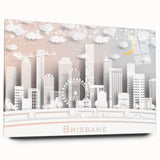 Large abstract wall art of Brisbane skyline in muted blue tones on acrylic glass, ideal for bedroom or dining room decor.