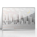 Large art print of Brisbane skyline in muted gray and blue tones on framed acrylic, ideal for modern art wall decor.
