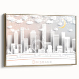 Framed canvas landscape art painting of Brisbane with a vintage poster style, featuring a colorful palette.