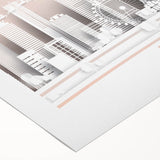 Art deco poster of Brisbane skyline in muted metallic tones on rolled canvas, suitable for dining room wall art.