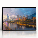 Large abstract wall art of Melbourne skyline in muted gray and blue tones on framed acrylic.