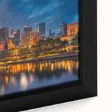 Extra large framed canvas of a textured Melbourne skyline in black with vibrant colorful accents.