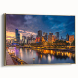 Framed canvas depicting a vintage-style Melbourne landscape in colorful art tones, ideal for living room decor.