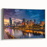 Vintage poster art of Melbourne scenery on extra large framed canvas, featuring colorful art against a black background.