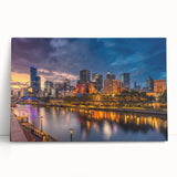 Black and white photograph of Melbourne skyline on large stretched canvas, ideal for kitchen wall art.