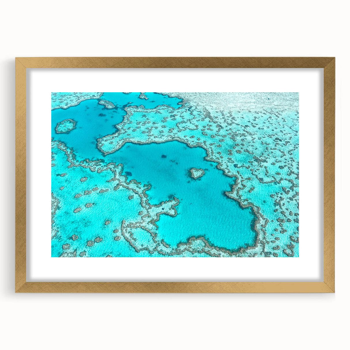 Abstract art print of Queensland scenery in gold frame with mat, featuring earthy tones, ideal for dining room decor.