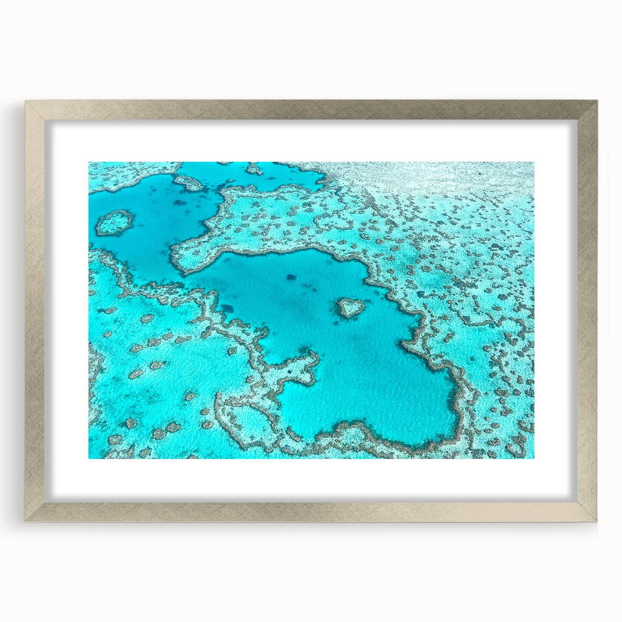 Extra large abstract art print of Queensland scenery in silver frame, with textured details and soft color tones.