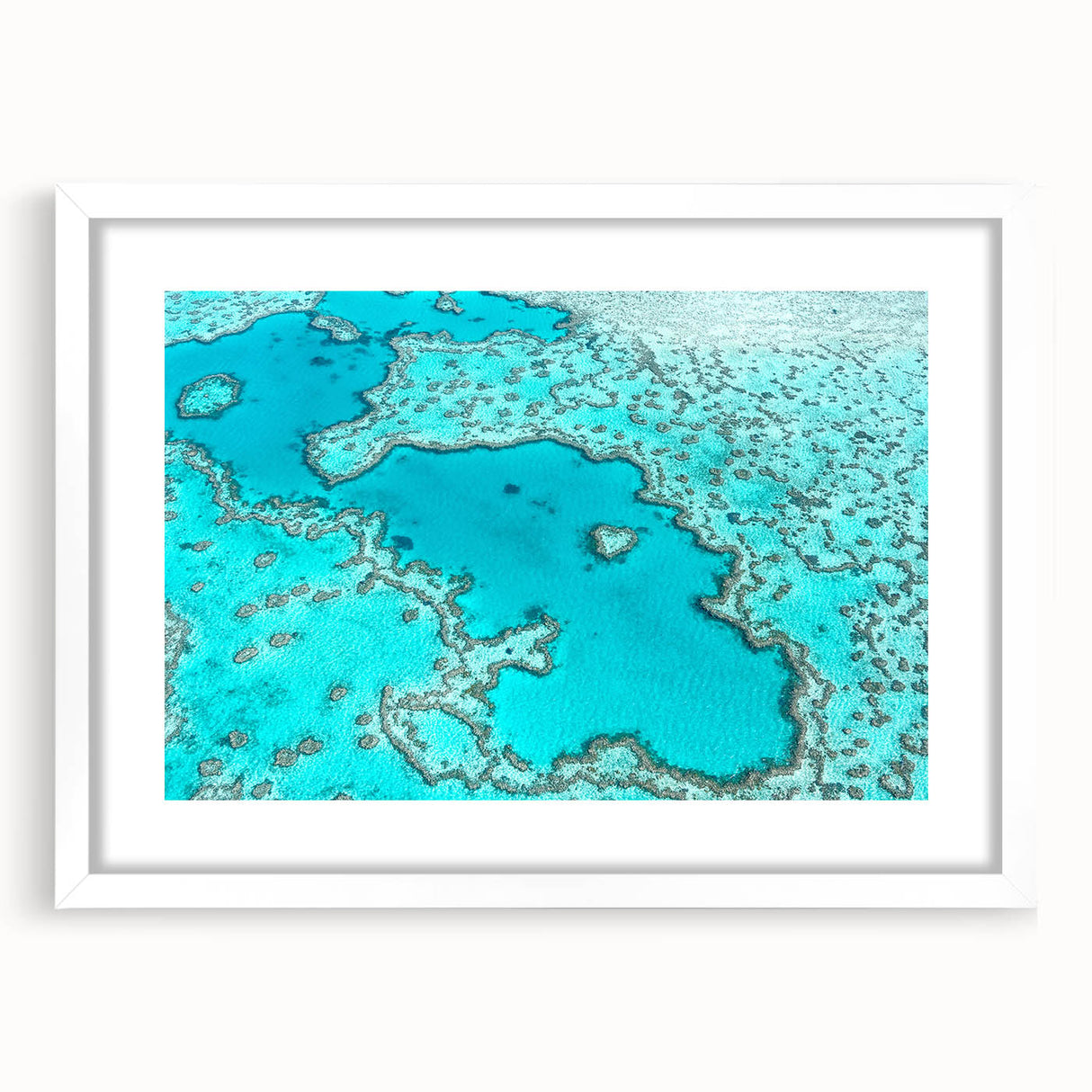Textured abstract art print depicting Queensland scenery in muted earth tones, framed with white mat.