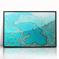 Large abstract wall art depicting Queensland scenery in mid-century modernist style, framed in black acrylic.