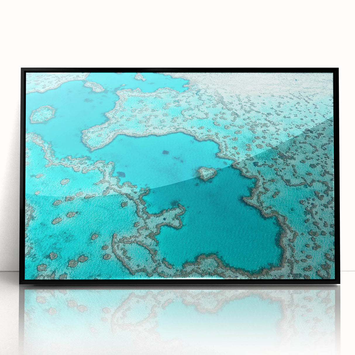 Large abstract wall art depicting Queensland scenery in mid-century modernist style, framed in black acrylic.