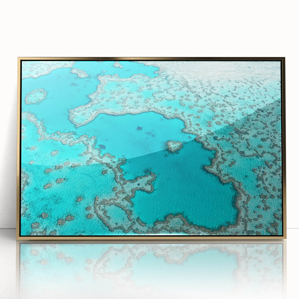 Mid-century modernist art depicting Queensland scenery in gold and green tones on a framed acrylic print.
