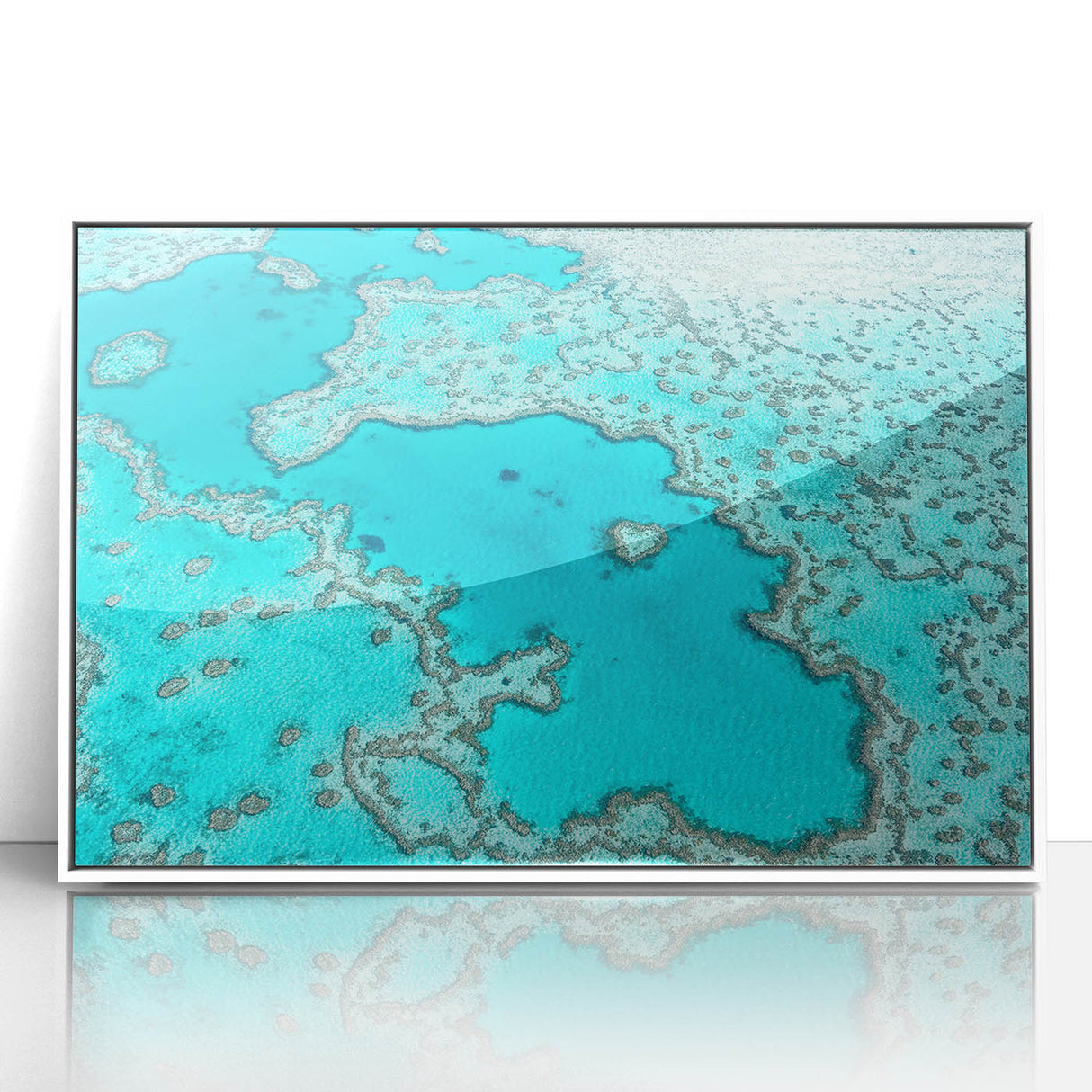Large art print of Queensland scenery in muted green and blue tones on white framed acrylic, ideal for modern art wall decor.