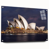 Acrylic print of Sydney skyline in muted sunset colors, suitable for bedroom or dining room decor.