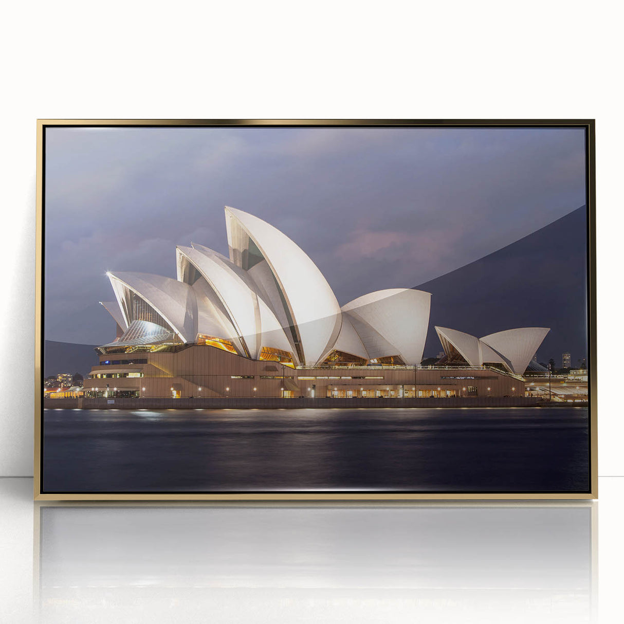 Art deco poster of Sydney skyline in gold and black tones on a framed acrylic, suitable for modern art wall decor.