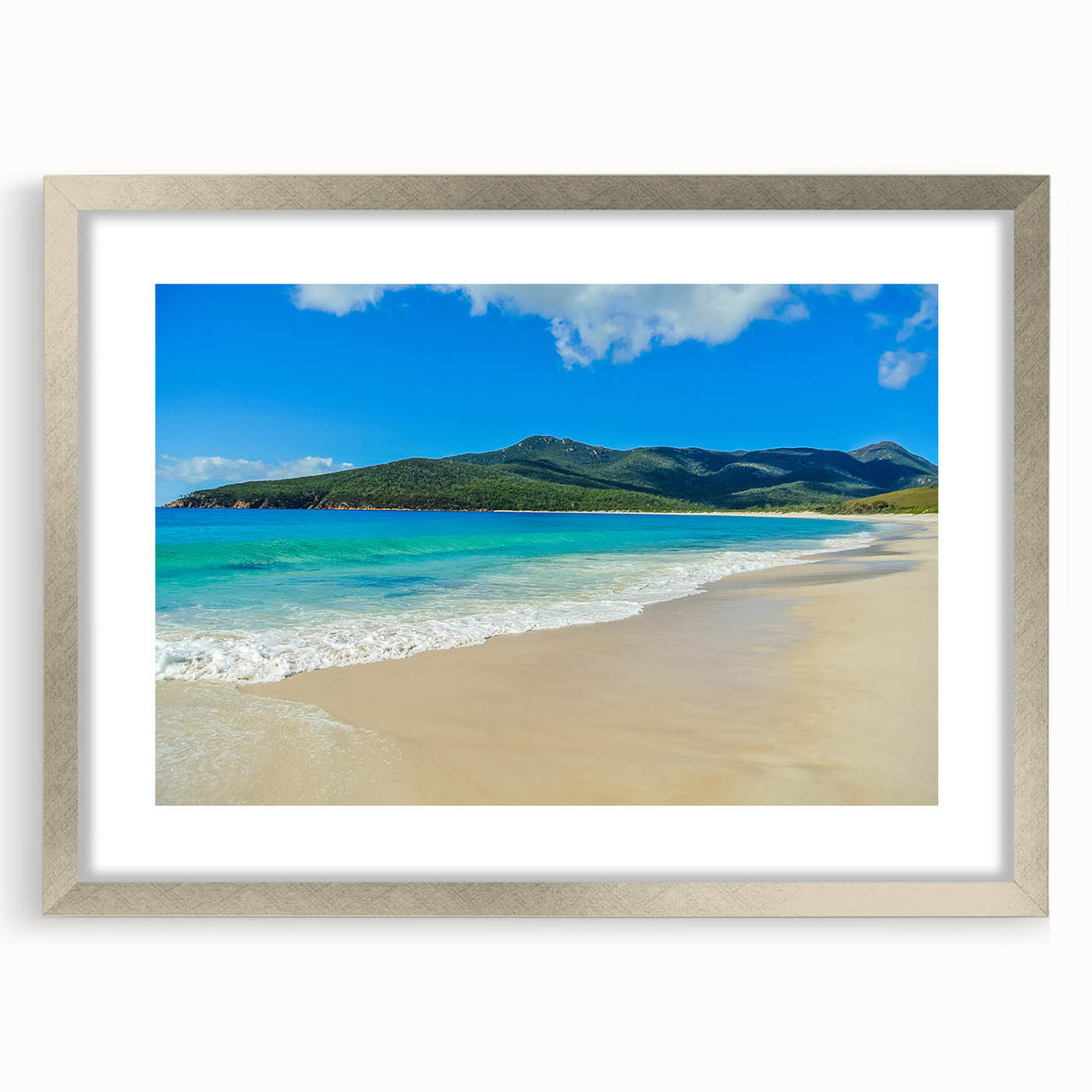 Extra large wall art featuring an abstract depiction of Tasmania's scenery in textured silver tones on a framed mat.