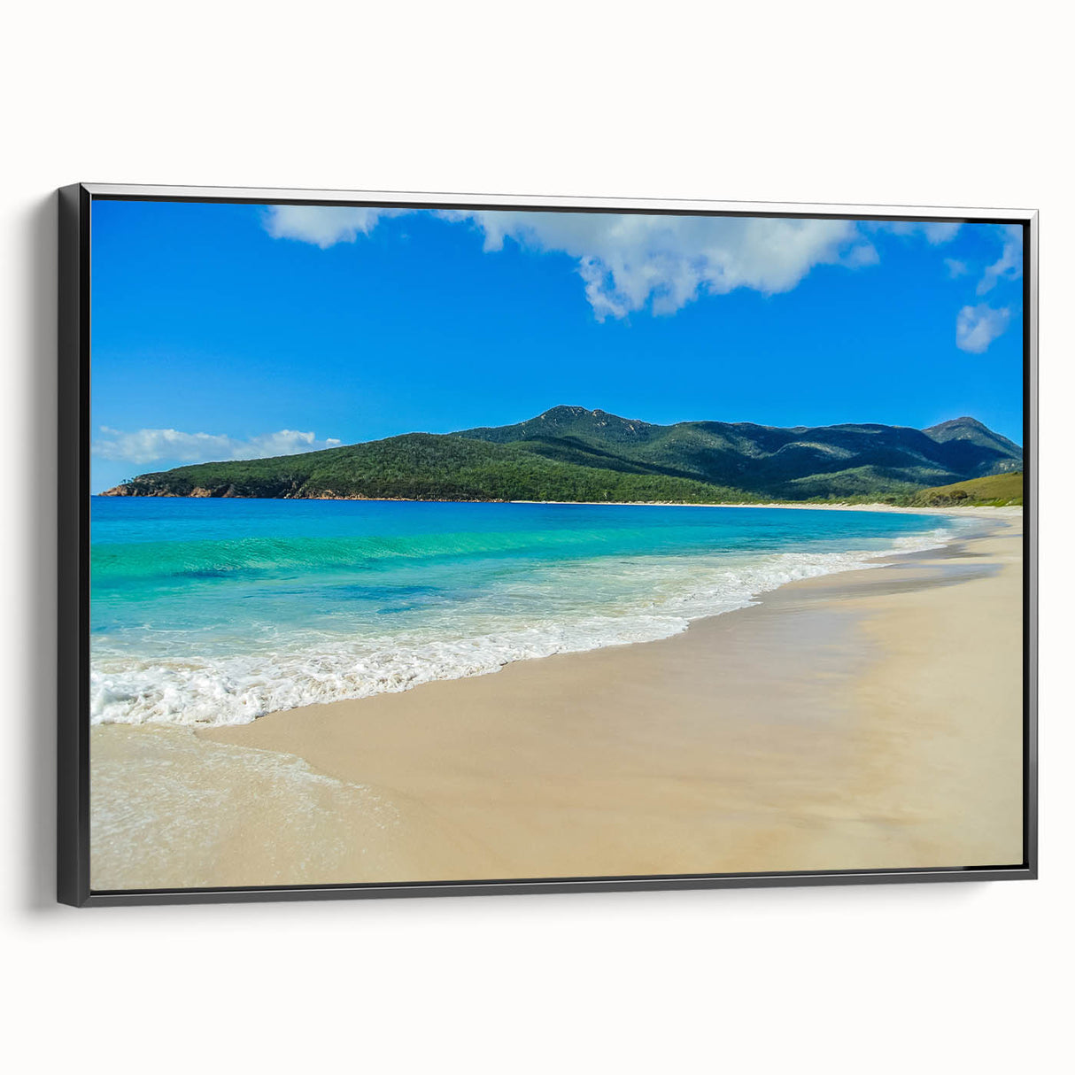 Framed canvas featuring a black and white Tasmanian landscape, ideal for bedroom wall decor.