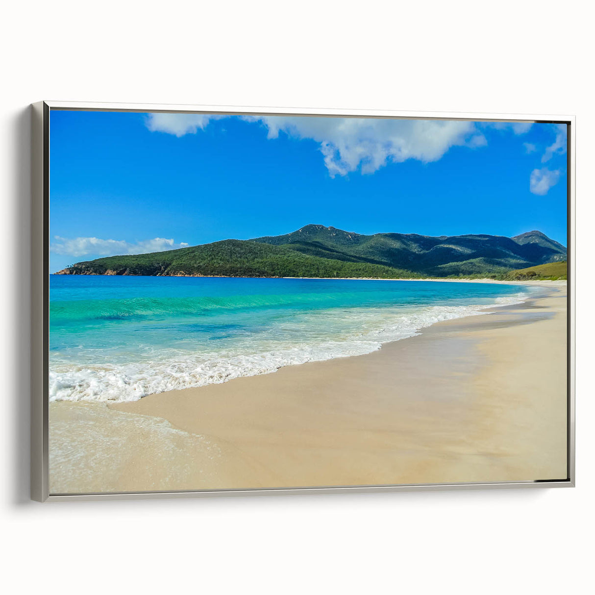 Framed canvas featuring a black and white vintage landscape painting of Tasmania, ideal for bedroom wall art.