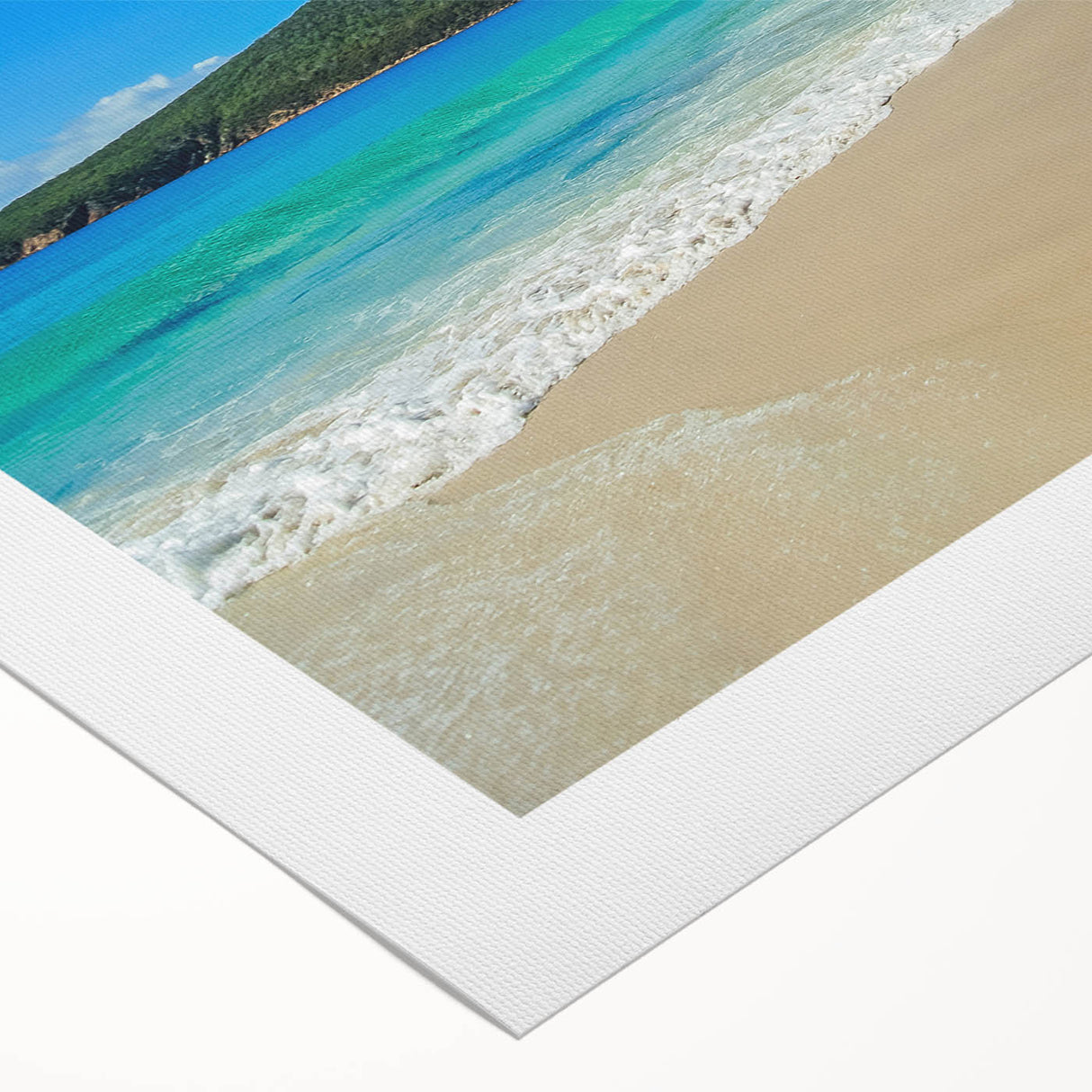 Art deco poster of Tasmania scenery in muted green and blue tones on rolled canvas, suitable for dining room wall art.