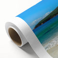 Art deco poster of Tasmania scenery in muted green and blue tones on rolled canvas, ideal for nursery wall art.