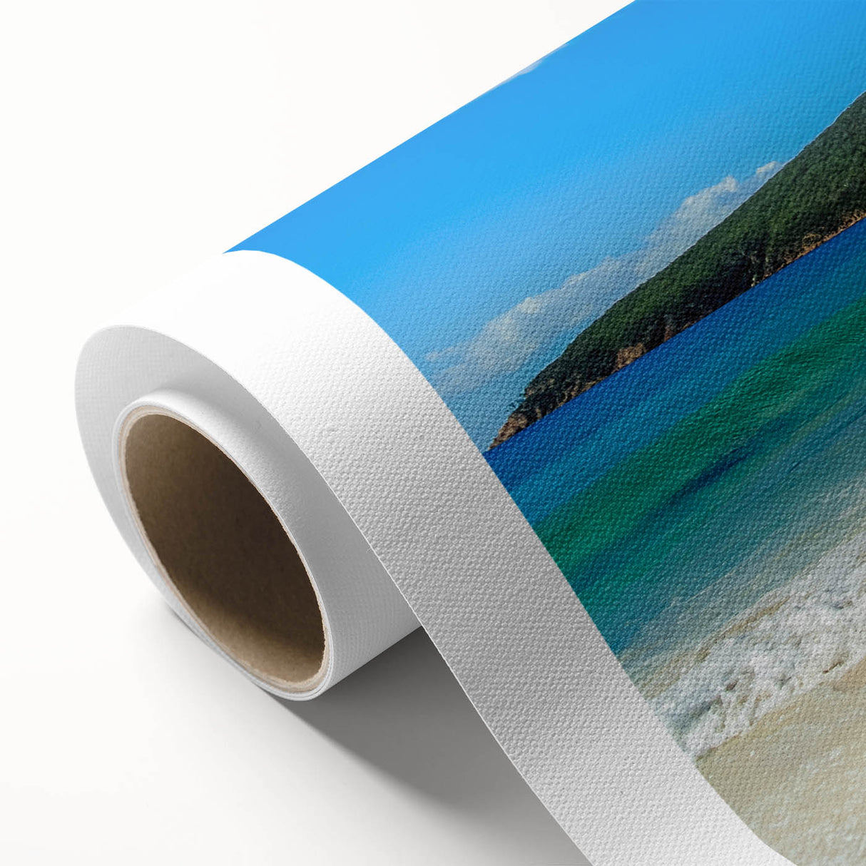Art deco poster of Tasmania scenery in muted green and blue tones on rolled canvas, ideal for nursery wall art.