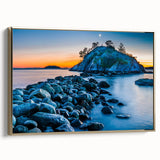 Framed canvas wall art featuring a landscape painting of British Columbia with muted earth tones, ideal for bedroom decor.