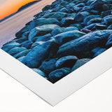 Art deco poster of British Columbia scenery in muted green and blue tones on rolled canvas.