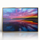 Large art print of a serene Manitoba scenery in mid-century modernist style, framed in gold acrylic.