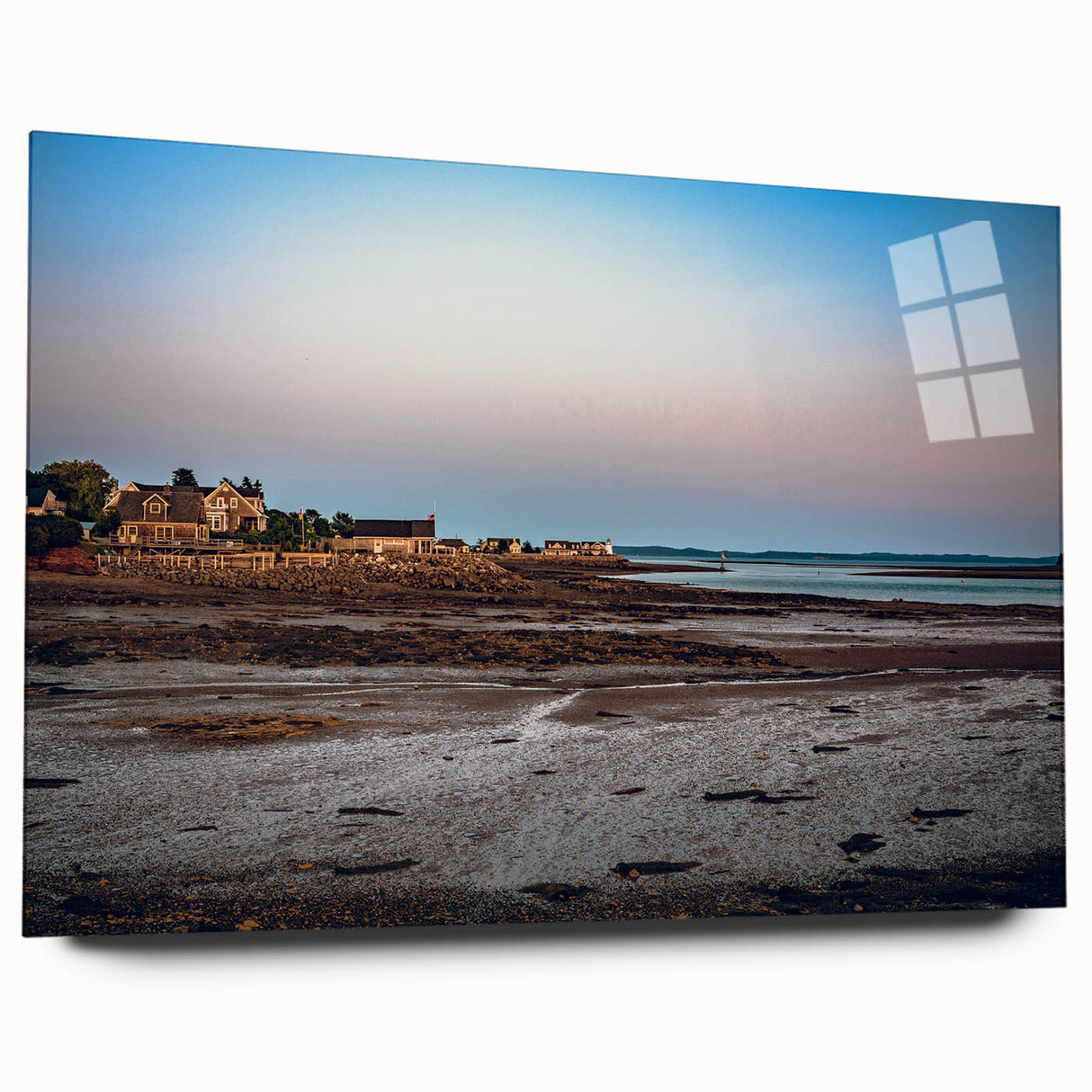 Large abstract wall art depicting a serene New Brunswick landscape in muted earth tones on acrylic glass.