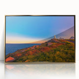 Mid-century modernist acrylic print of Newfoundland scenery in gold frame, ideal for nursery wall art.