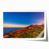 Rolled print of a Newfoundland scenery with lush greenery and ocean, in muted green and blue tones.