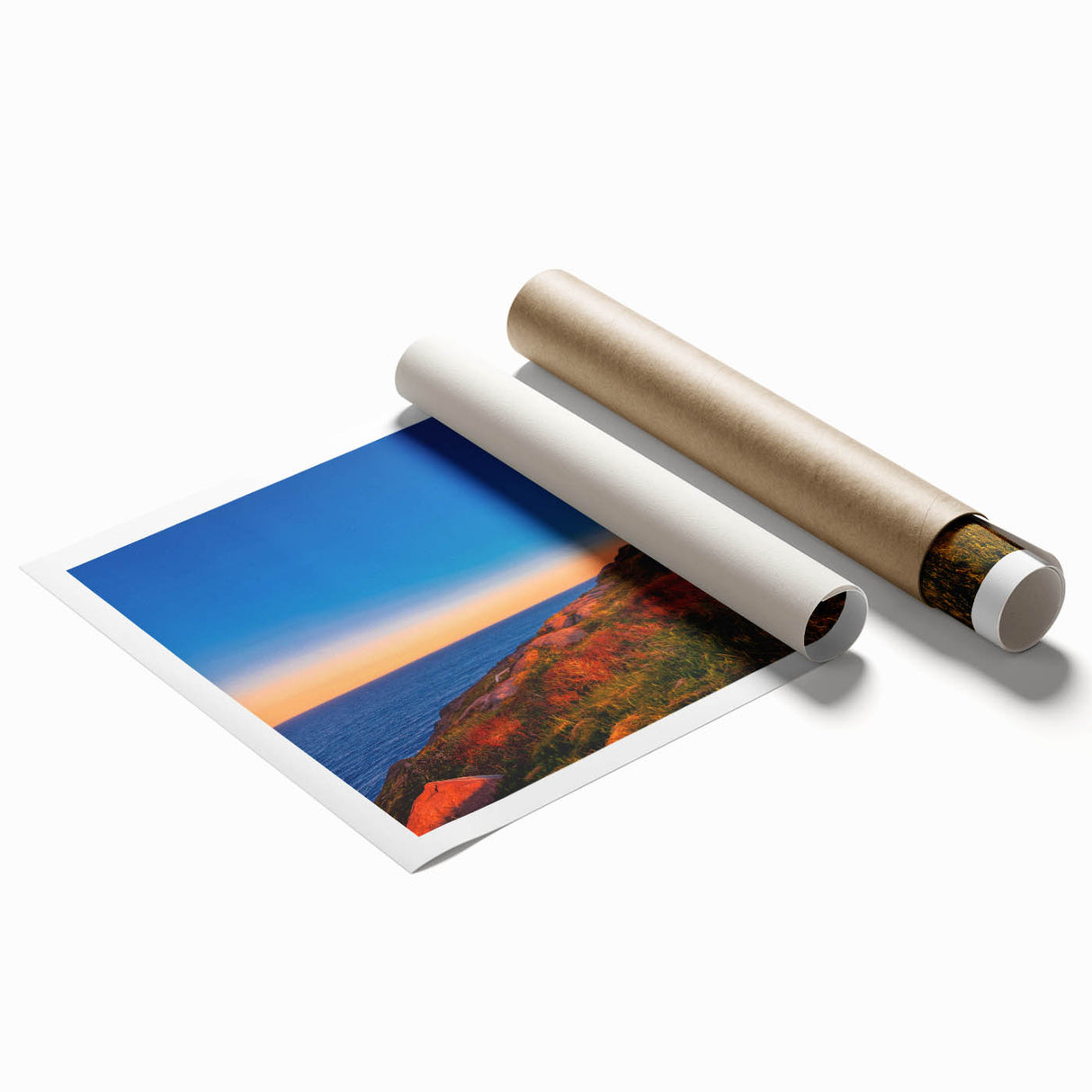 Extra large rolled print of a serene Newfoundland scenery with soft floral elements, suited for classy bathroom wall art.
