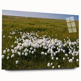 Large abstract wall art of Northwest Territories scenery in muted blue and green tones on acrylic glass.