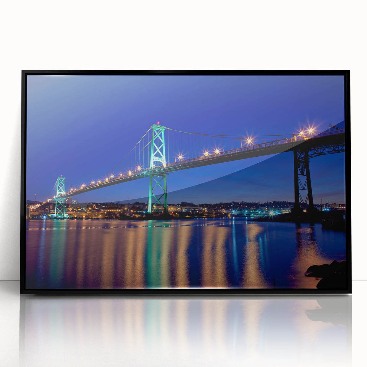 Framed acrylic print of large abstract wall art depicting Nova Scotia scenery in muted earth tones.