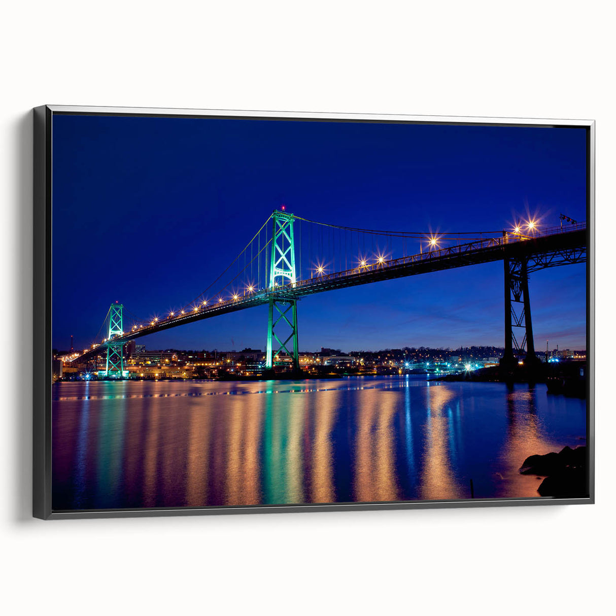 Black and white framed canvas of Nova Scotia landscape, ideal for bedroom wall art with a vintage poster style.