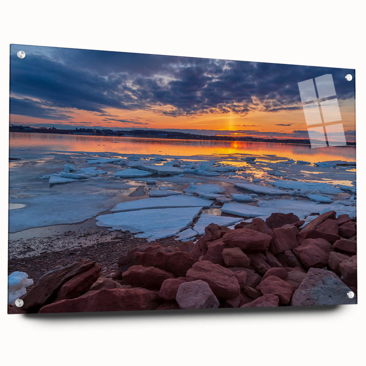 Acrylic print of a serene Prince Edward Island landscape in muted greens and blues, ideal for dining room decor.
