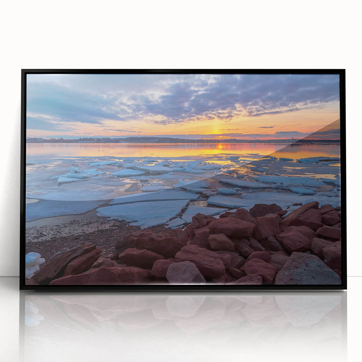 Large abstract wall art depicting Prince Edward Island scenery in muted earth tones, framed in black acrylic.