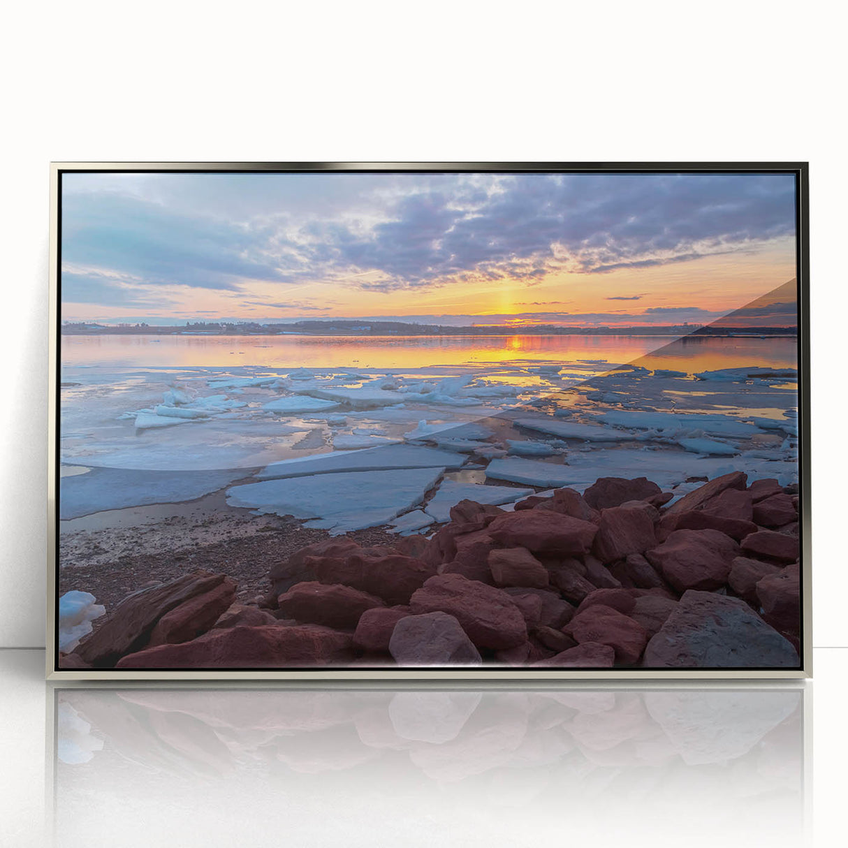 Mid-century modernist acrylic print of Prince Edward Island scenery in silver frame, suitable for nursery wall art.